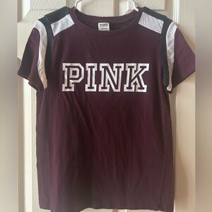 Victoria's Secret PINK Burgundy and White Short Sleeve Tee